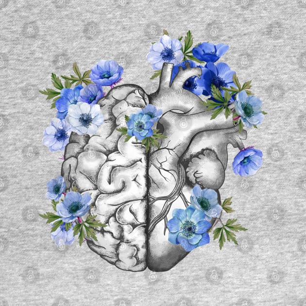 Right balance between head or brain and heart, Half heart and brain, blue anemones flowers anemoneus by Collagedream